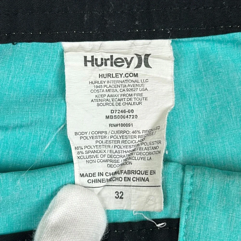 EUC Hurley Phantom Mens Board Shorts Teal Neon Green Striped Swim Trunks Size 32